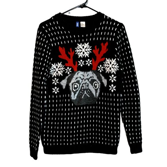 H&M Wool Blend Ugly Holiday Christmas Winter Sweater Reindeer Pug Dog Womens XS - Picture 1 of 8